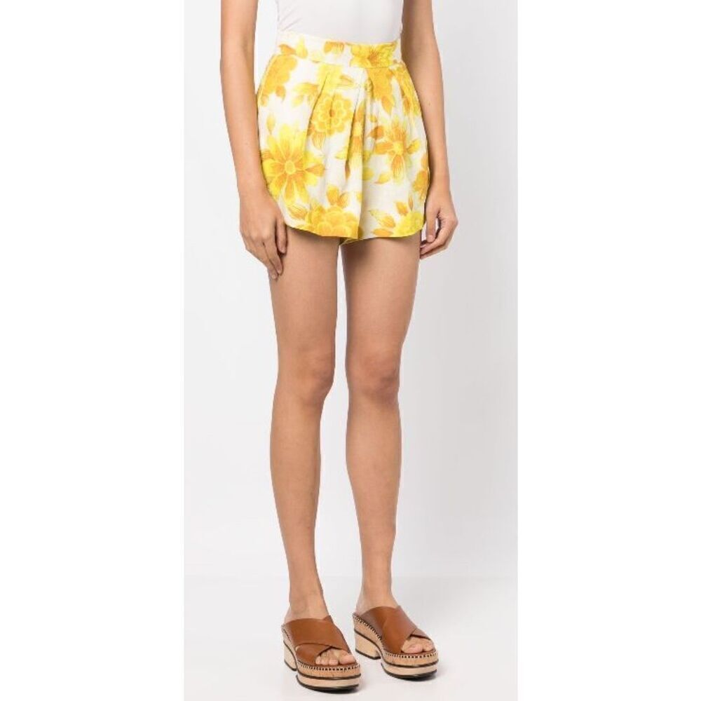 Alemais Yellow Floral High-Waist Pleated Shorts